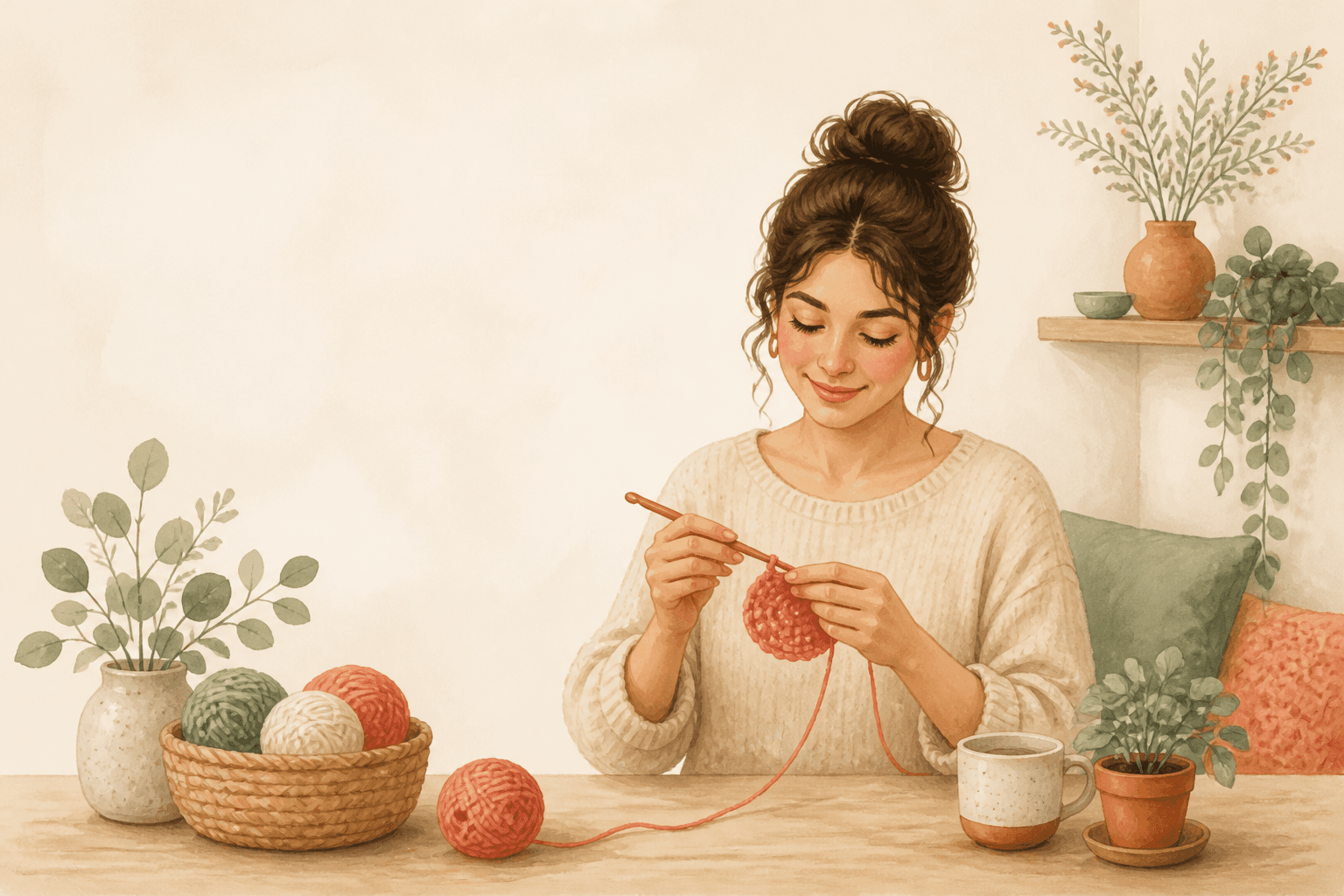 A woman crocheting with soft yarn